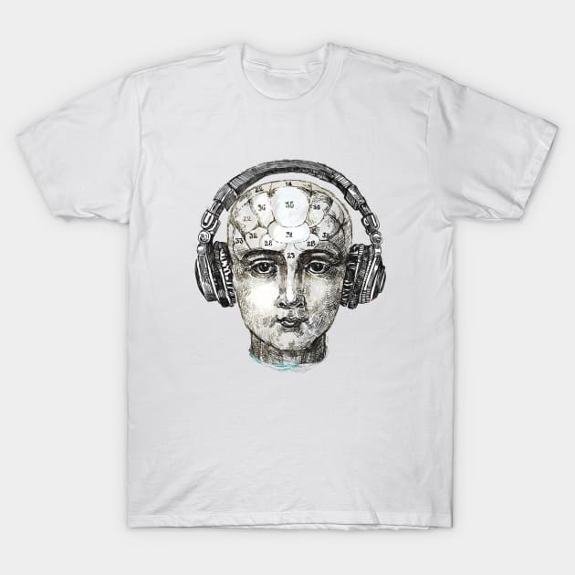 Phrenology head with headphones. T-Shirt by FanitsaArt